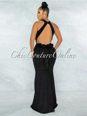 ✨Chic Couture Black Shimmer Mermaid Maxi Dress w/ Rose Appliqué–Size Large (NWT)